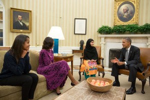 Malala Yousafzai meets with the President and First Family. Pete Souza, U.S. Government Work. 