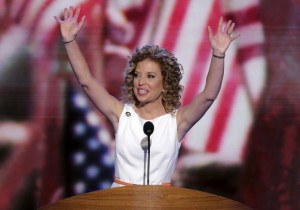 Debbie Wasserman Schultz speaking to a gathering for EMILY’s List in Florida.