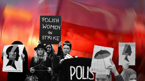A red background lies behind Polish women protesting anti-abortion laws.