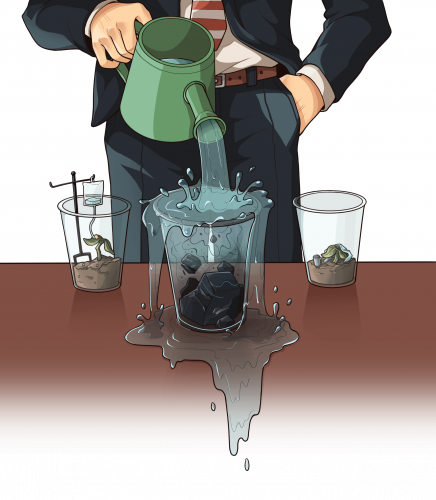 A man in a suit pours water into an overfilling cup of coal