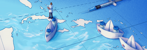 A digital illustration of a world map centered on the Caribbean region. A tiny person in a doctor’s coat stands on top of Cuba. Three paper boats bearing a tiny Cuban flag depart from Cuba. Two of the paper boats hold two vaccine vials. A syringe needle also lies on top of the map in the corner.