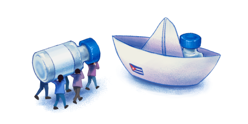 A group of tiny people carries a vaccine vial into a paper boat.