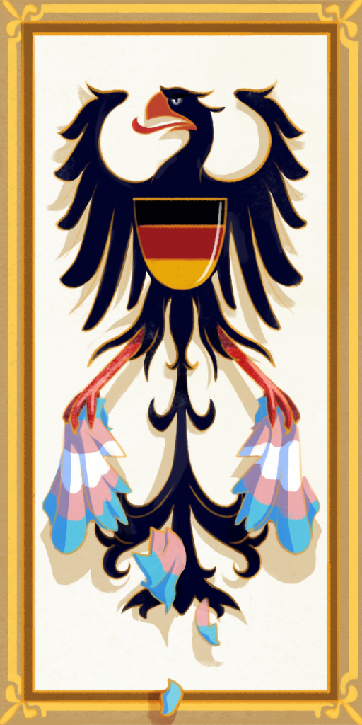 A black eagle representing the German coat of arms tears a trans flag to shreds.