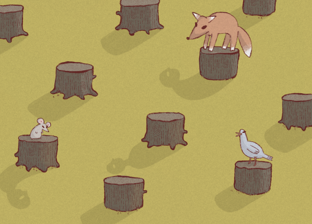 A field of sparse, cut down tree stumps with human shaped shadows with a few animals sitting on top.