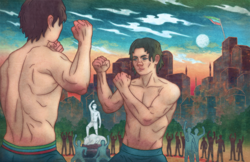 Two Dagestani youths practicing martial arts as onlookers cheer.
