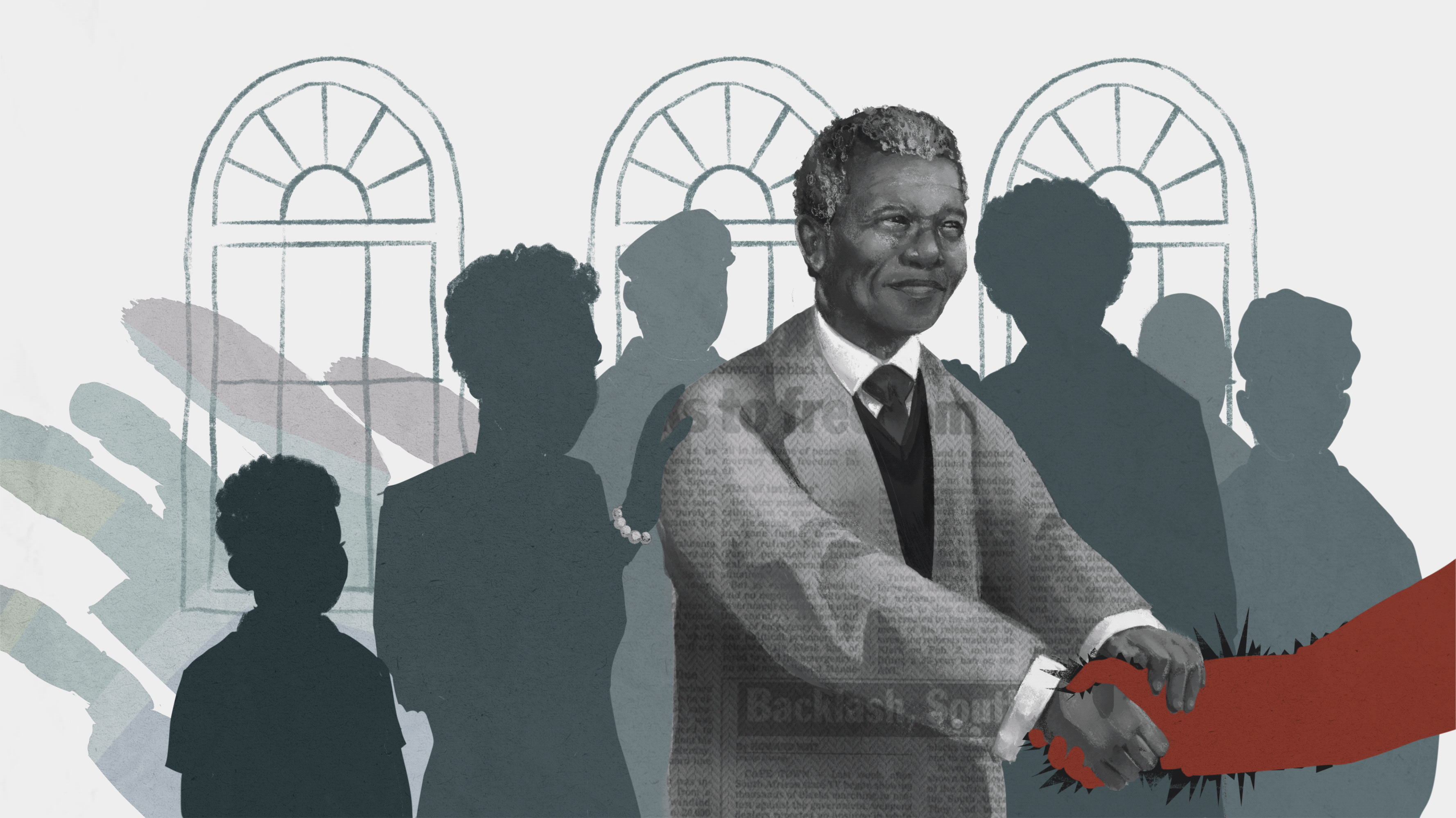 Nelson Mandela shaking hands with audience in the background